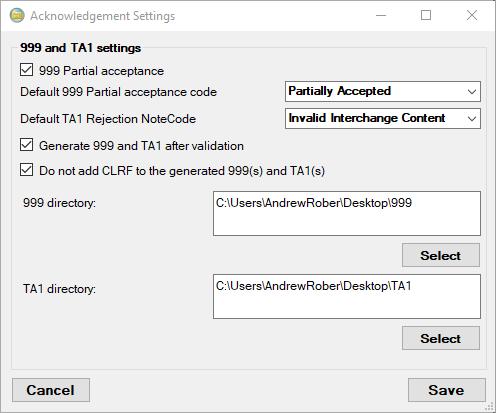 The "Acknowledgment Settings" window.