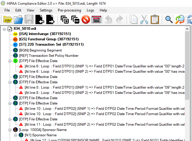 The Tree View panel will show any errors present in the EDI file.