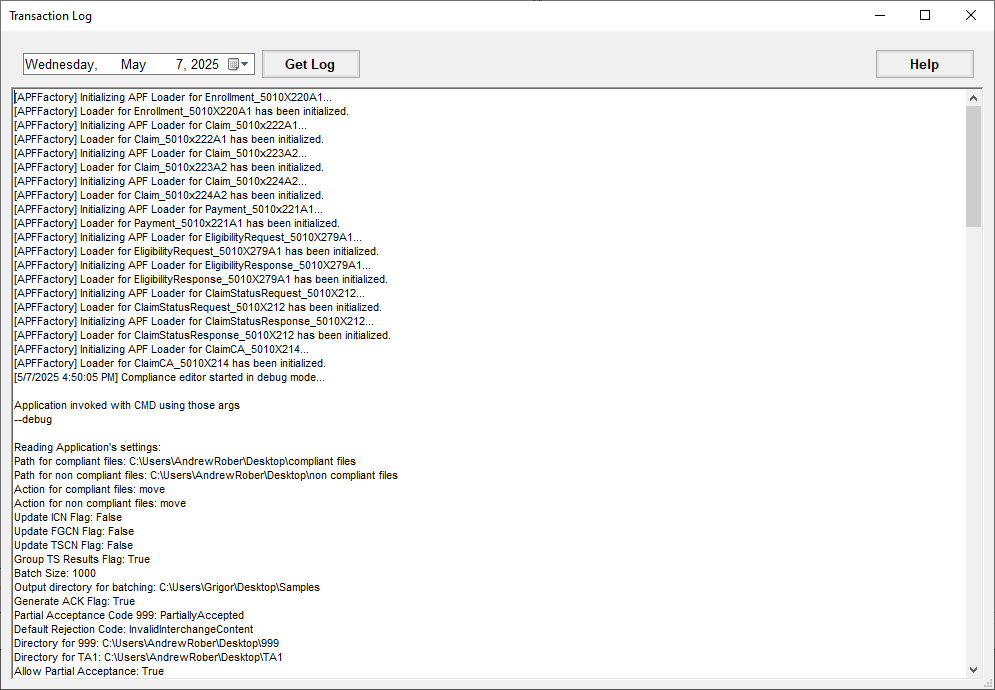The "Transaction Log" window with results.