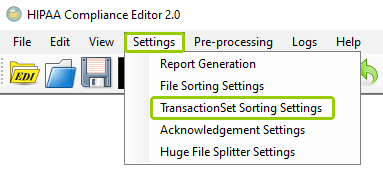 The "Transaction Set Sorting Settings" option is under the "Settings" tab. The "Transaction Set Sorting Settings" option is under the "Settings" tab.