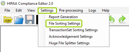 The "File Sorting Settings" option is under the "Settings" tab.