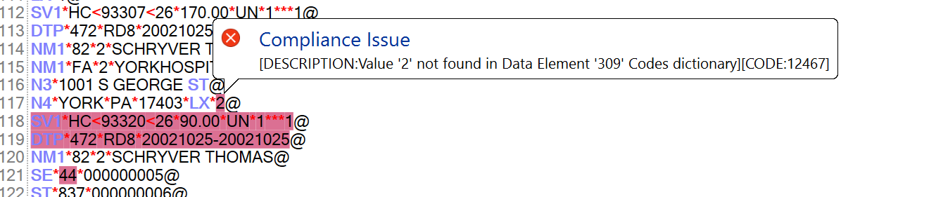 Sample of highlighted portions with errors and a pop-up bubble with details of an error.