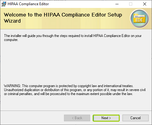 The "HIPAA Compliance Editor" window with the setup wizard. The "HIPAA Compliance Editor" window with the setup wizard.