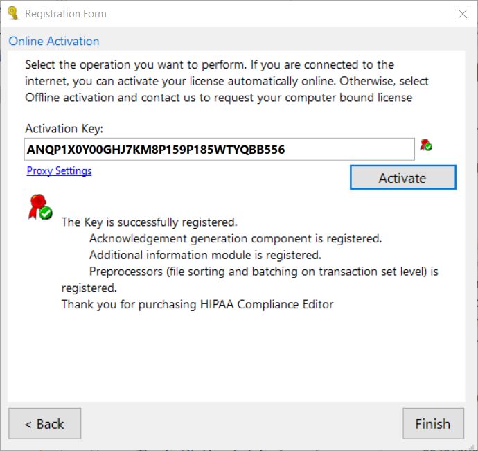 The "Registration Form" window with a successful key activation for a trial renewal. The "Registration Form" window with a successful key activation for a trial renewal.
