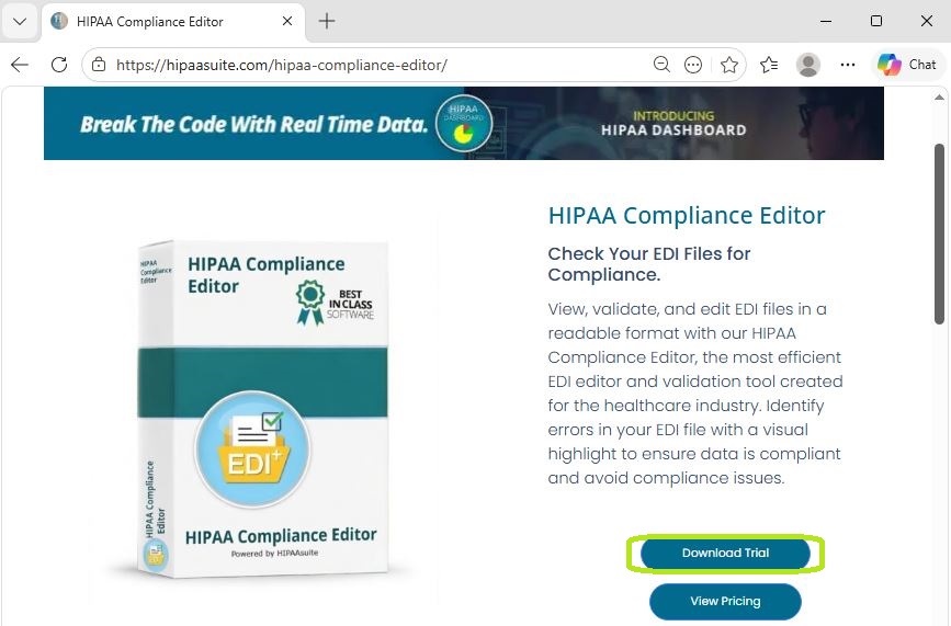The "HIPAA Compliance Editor" information page. The "HIPAA Compliance Editor" information page.