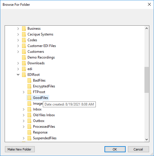 The "Browse For Folder" window allows you to search for a directory.