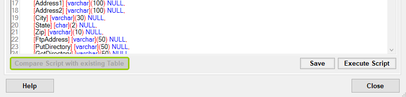 The "Compare Script with existing Table" button.