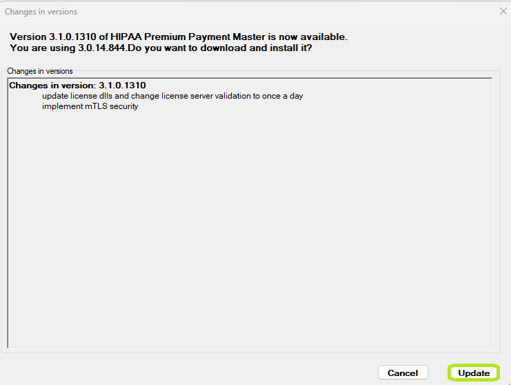 The "Changes in Versions" window. The "Changes in Versions" window.