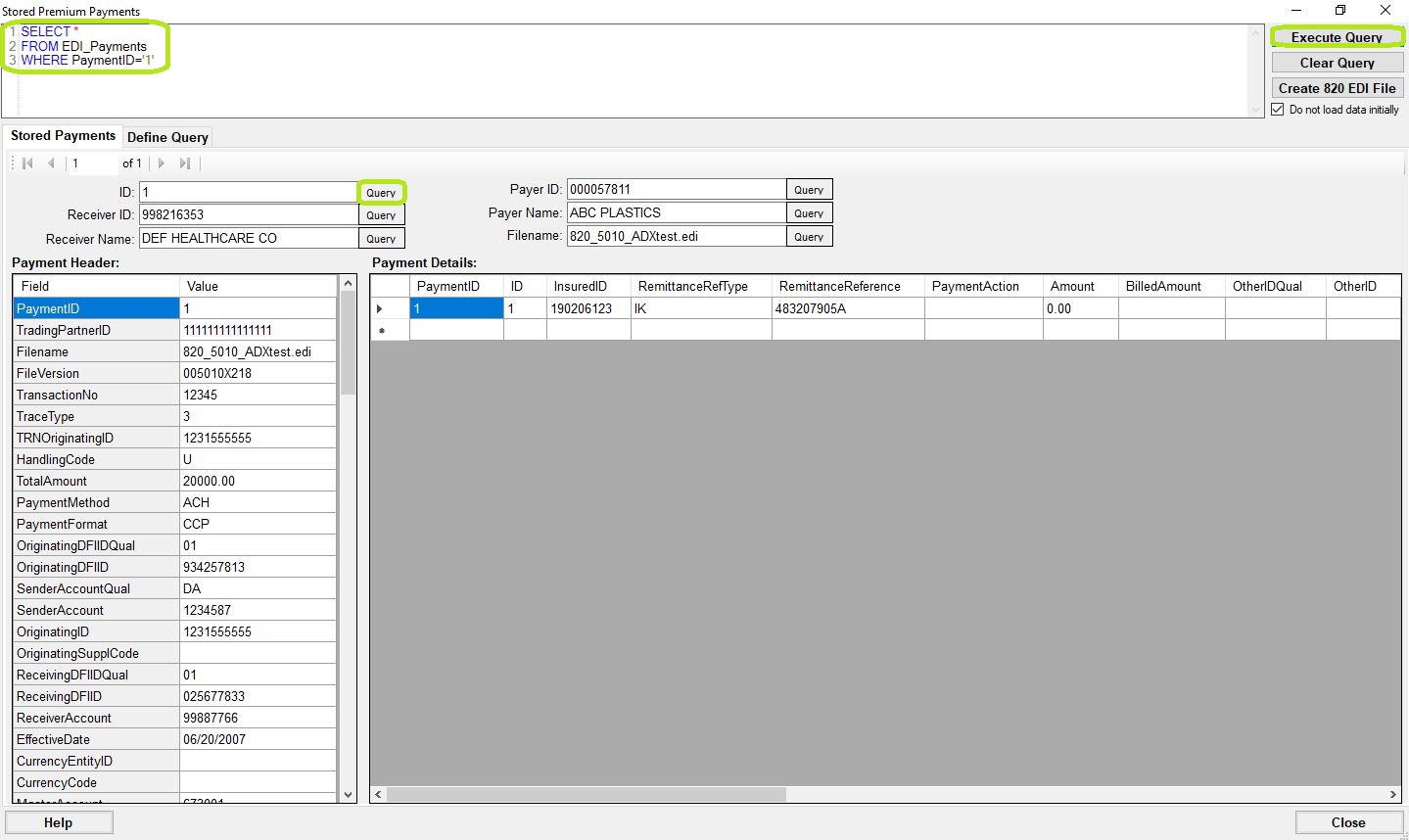 The "Stored Premium Payments" window is showing a Payment Record from the database.