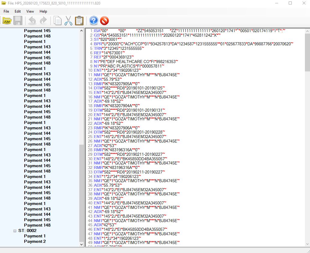 EDI file preview window.
