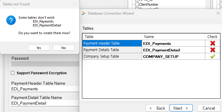If the tables do not exist in the database, you can create them by clicking "Yes." If the tables do not exist in the database, you can create them by clicking "Yes."