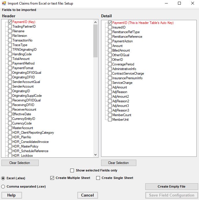 The "Import claims from excel or text file: setup" window.