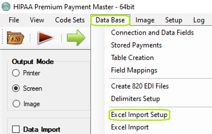 The "Excel Import Setup" option from the "Data Base" tab.