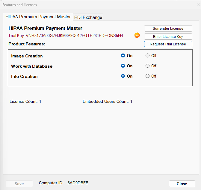 The "Features and Licenses" window provides different options to customize the application and add-ons.