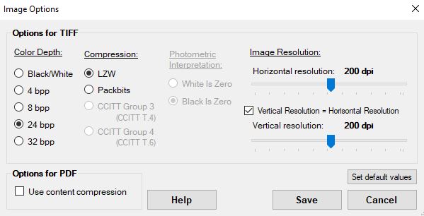 "Image File Options" window.