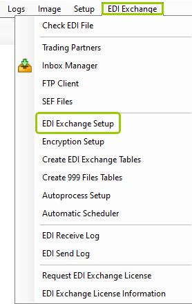 The "EDI Exchange Setup" option is under the "EDI Exchange" tab. The "EDI Exchange Setup" option is under the "EDI Exchange" tab.