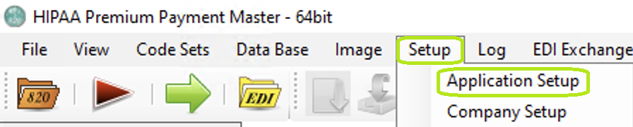 The "Setup" menu and "Application Setup" button. The "Setup" menu and "Application Setup" button.