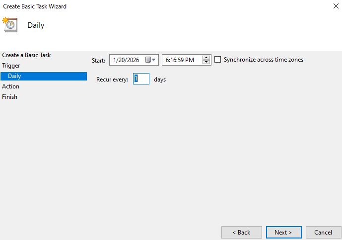 Determine a starting date, the time of day you want it to run, and how often you want this task to be completed.