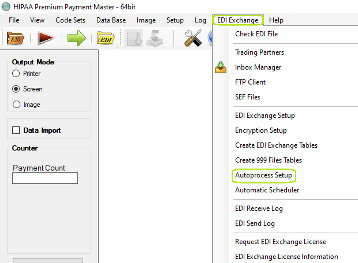 "Autoprocess Setup" option in the "EDI Exchange" menu.