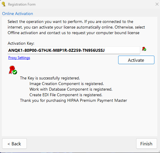 The "Registration Form" window with a successful key activation for a trial renewal.
