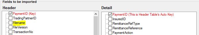 The "Import claims from excel or text file: setup" with the "Filename" unchecked.