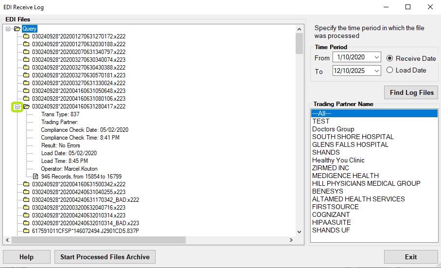 Details of the EDI Receive Log results will show by opening the folders.