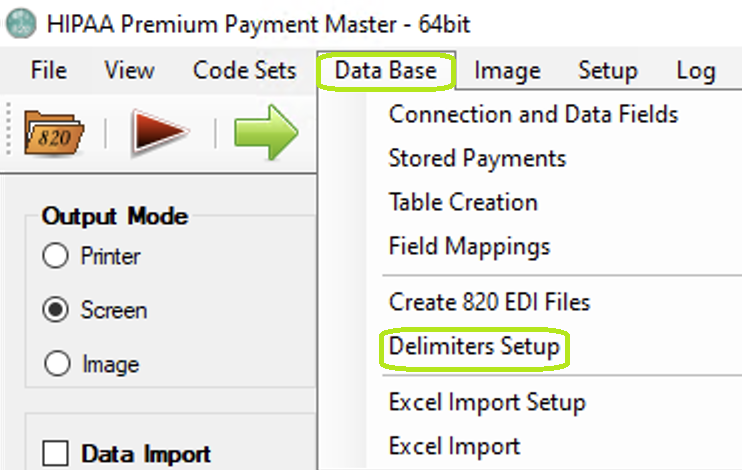 The "Database" menu and "Delimiters Setup" button.