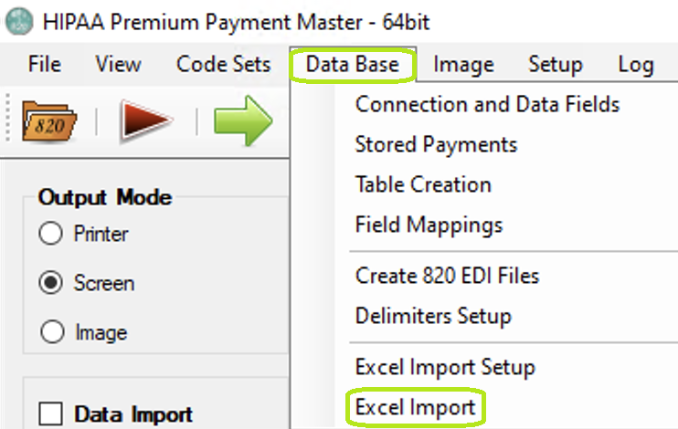 The Excel Import option under the Data Base tab in the main window.