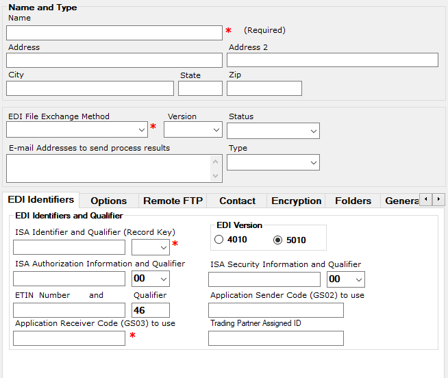 These fields and settings are available for Trading Partners. These fields and settings are available for Trading Partners.
