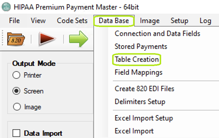 The "Create SQL Tables" menu.