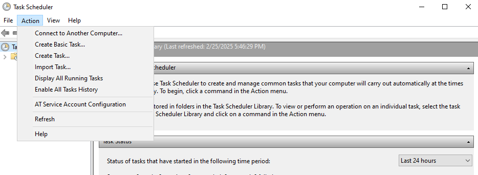 The "Create Task..." option is under the "Action" tab. The "Create Task..." option is under the "Action" tab.