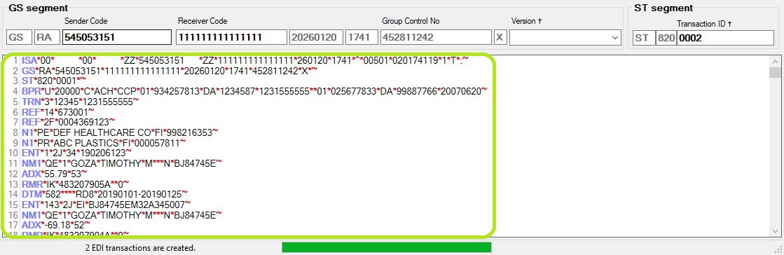 The EDI file content displayed.