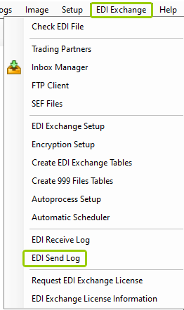 The "EDI Send Log" option is under the "EDI Exchange" tab.