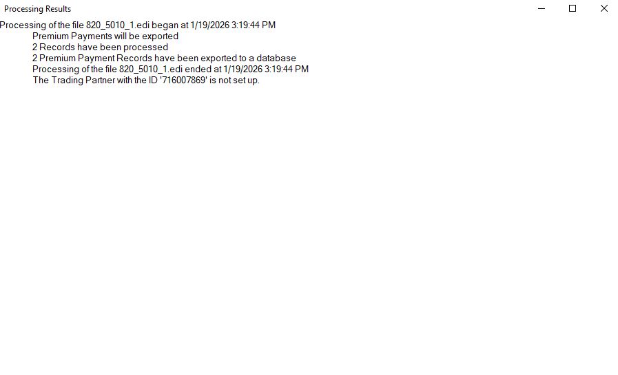 The "Processing Results" window after importing to the database.