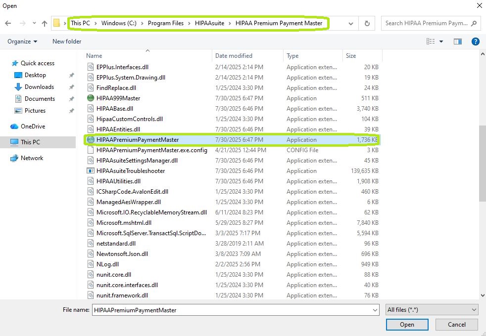 The path to the HIPAA Premium Payment Master application folder.