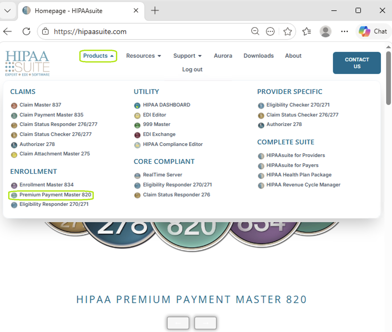 The Premium Payment Master 820" option is under the Products drop-down menu.