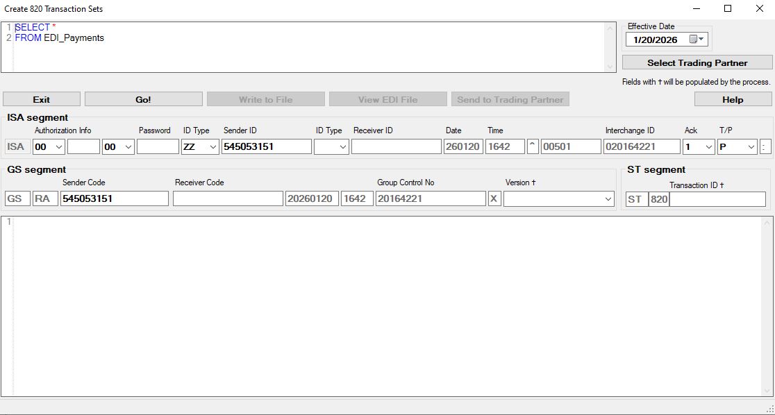 The "Create 820 Transaction Sets" window.