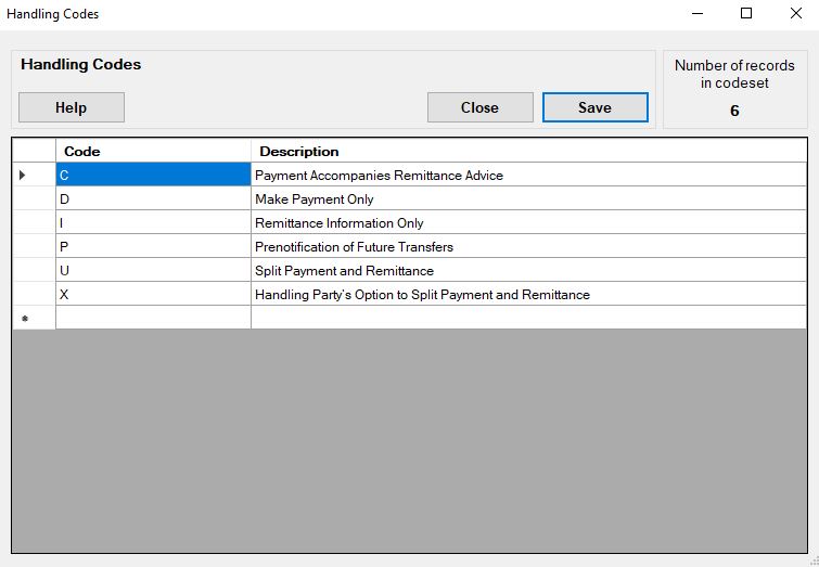 The "Handling Codes" code set window. The "Handling Codes" code set window.