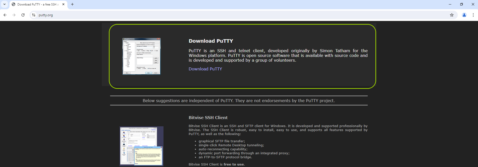 This is the PuTTY website where you can download the application.