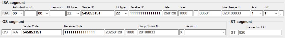 The different EDI segments available to fill out.