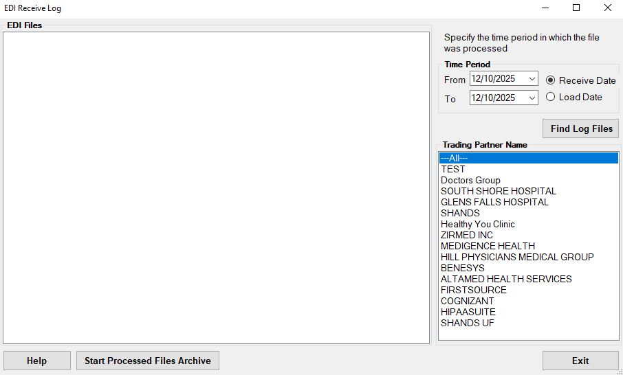 The "EDI Receive Log" window.