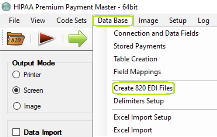 The "Create 820 EDI Files" optionis under the "Data Base" tab.