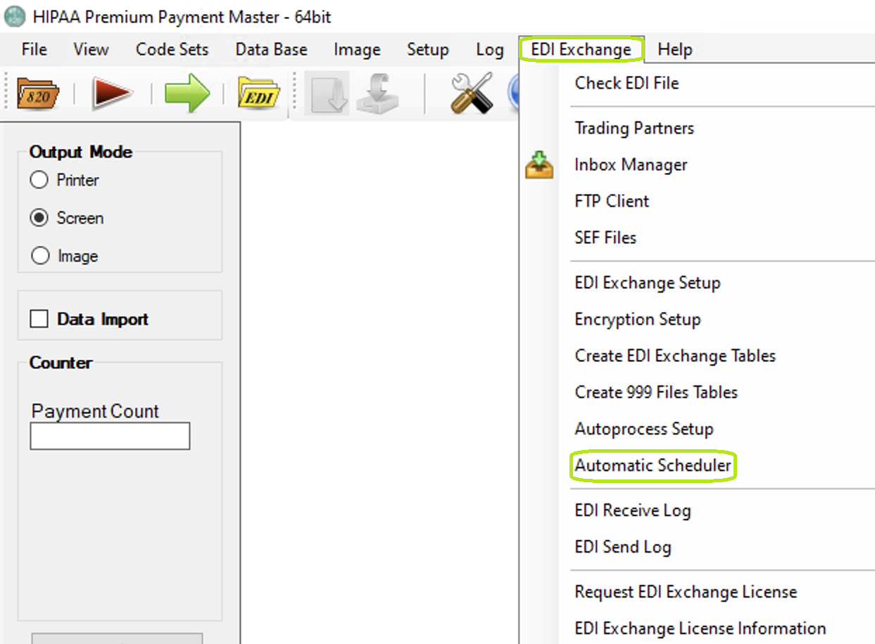 The "Automatic Scheduler" option is under the EDI Exchange tab.
