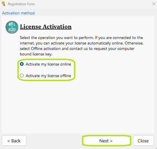 Choose between online or offline activation.