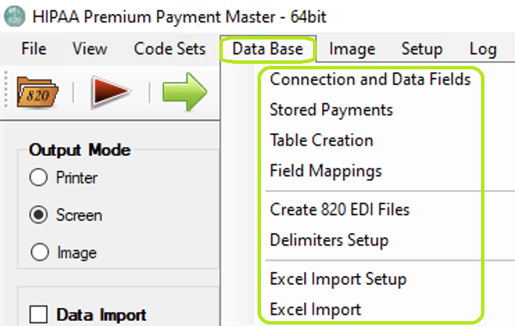 The "Data Base" tab and options in the main window.