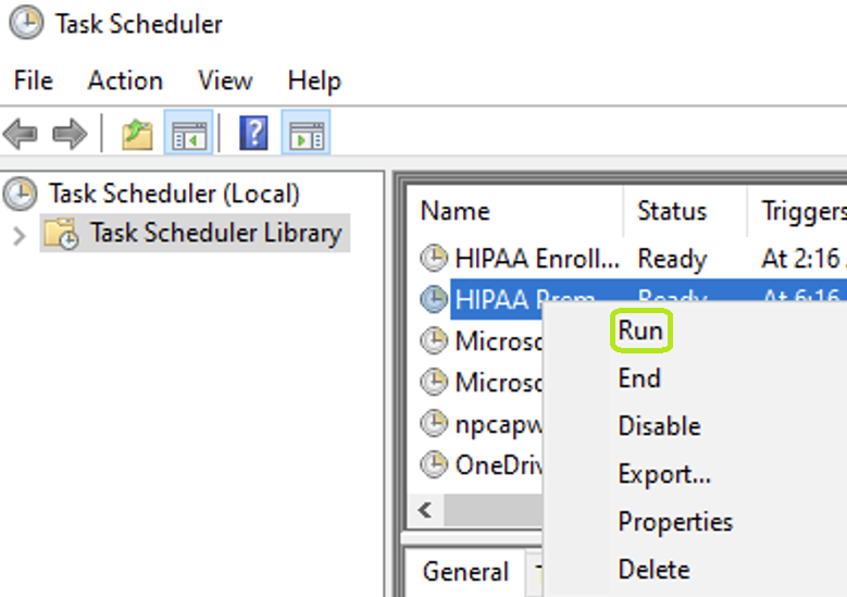 The "Run" option is under the task's drop-down menu.