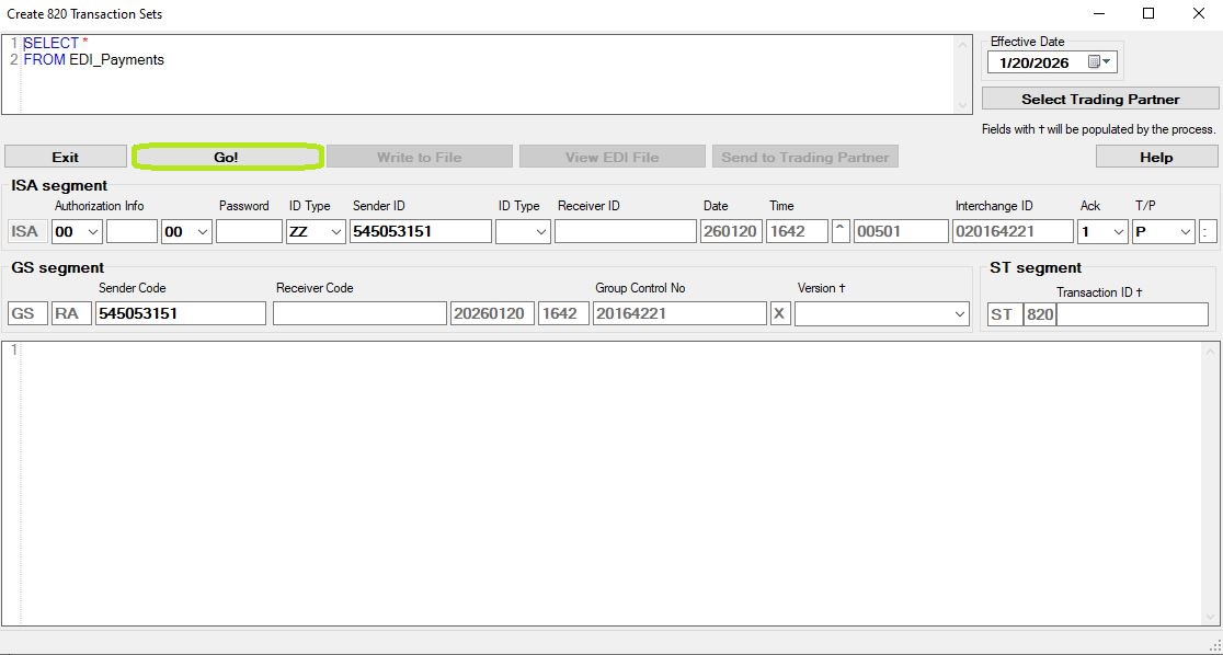Click the "Go!" button to create the 820 EDI files.