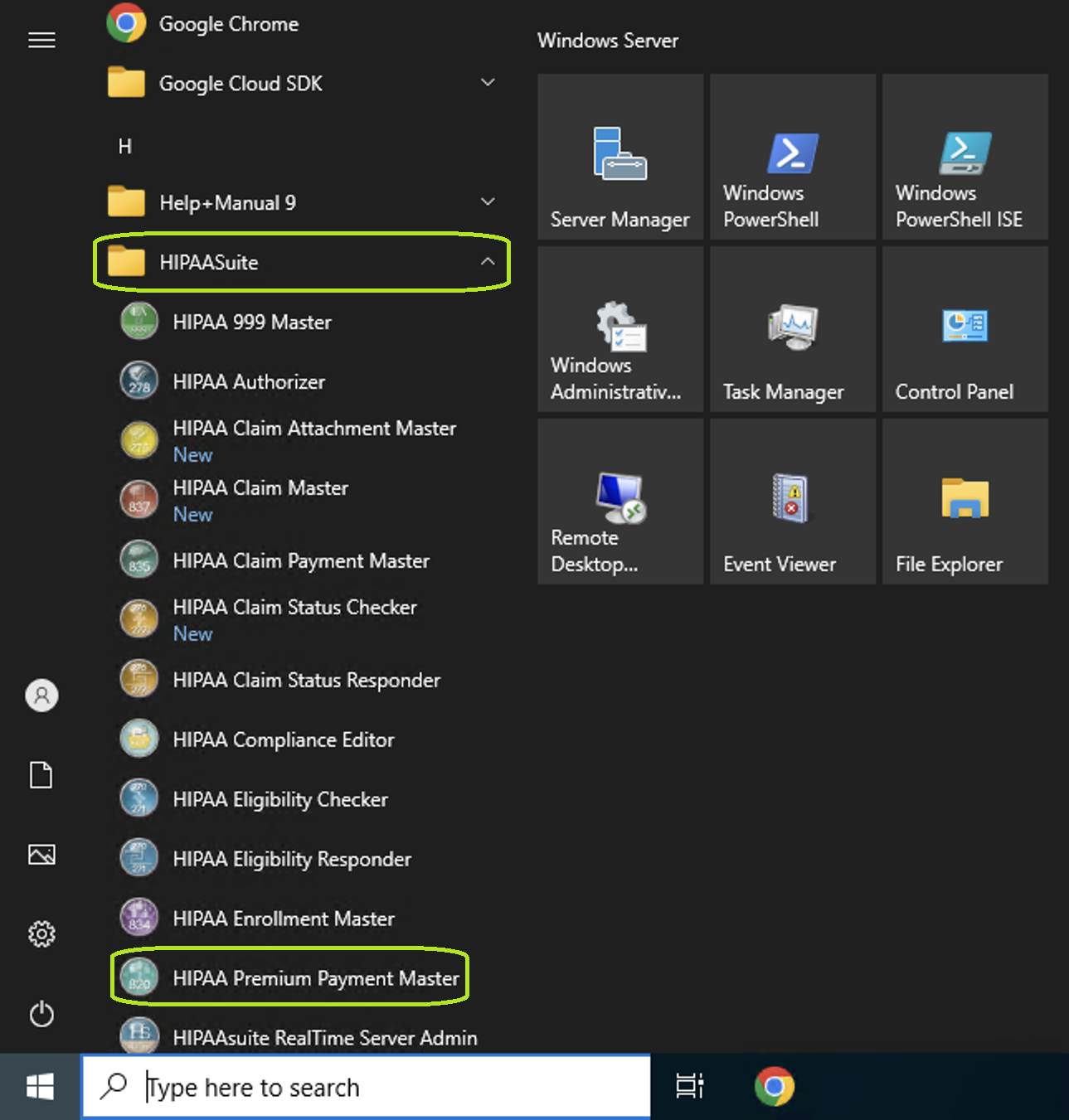 The HIPAA Premium Payment Master application is launched from the "Start" menu. The HIPAA Premium Payment Master application is launched from the "Start" menu.