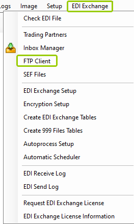 The "FTP Client" option is under the "EDI Exchange" tab.