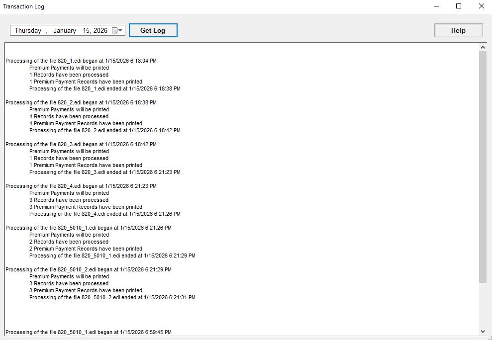 The "Transaction Log" window with results.